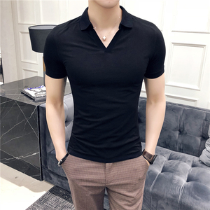 2025夏季 英伦纯色V领短袖POLO衫韩版男士T恤A431-M608-P48图片