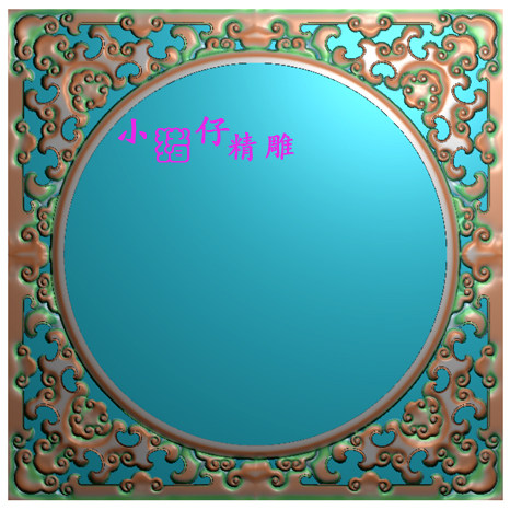 精雕图正方形四角灵芝蝙蝠纹边框内圆框JDP浮雕图521软件图BMP图