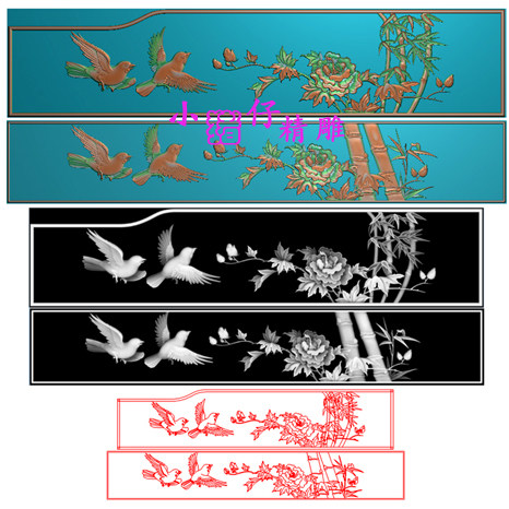 精雕图牡丹花鸟双鸟竹JDP浮雕图521软件背板扶手板围板雕花图BMP