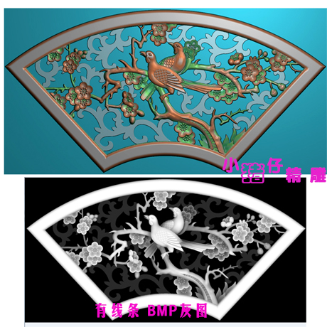 喜鹊花鸟双鸟二鸟图精雕图JDP浮雕图花格屏风窗障521软件BMP灰图