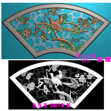 精雕图喜鹊花鸟双鸟二鸟图JDP浮雕图 花格屏风图521软件BMP灰图