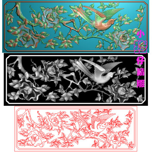 牡丹花鸟背板围板图JDP精雕图521软件BMP灰色图