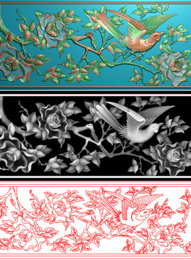 牡丹花鸟背板围板图JDP精雕图521软件BMP灰色图