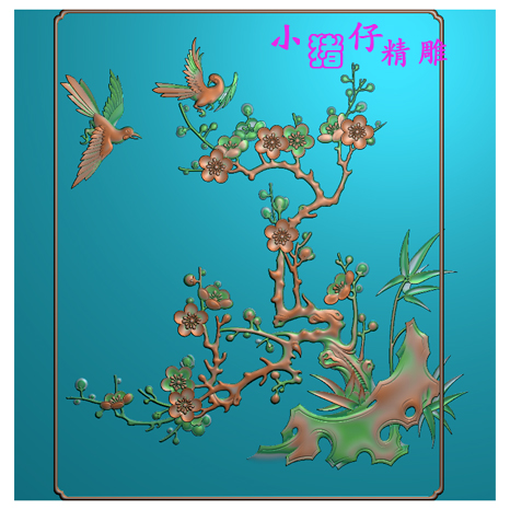 方形竖板梅花鸟图双鸟二鸟精雕图521浮雕图JDP软件灰色图BMP