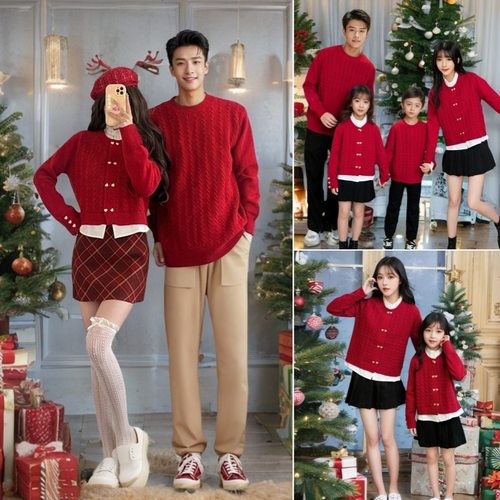 安可拉红毛衣2025秋冬新款亲子装母女高端立领假两件拜年喜庆外套