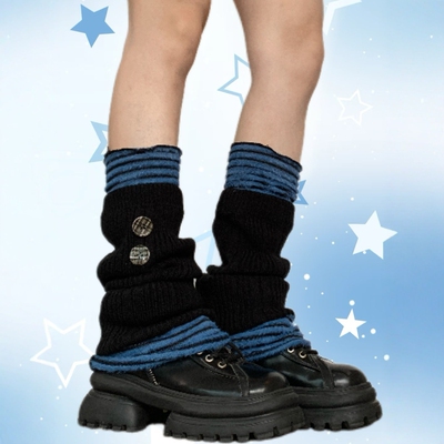 SUPPER 花花 轻亚亚文化辣妹复古时髦纽扣条纹撞色组合款腿套