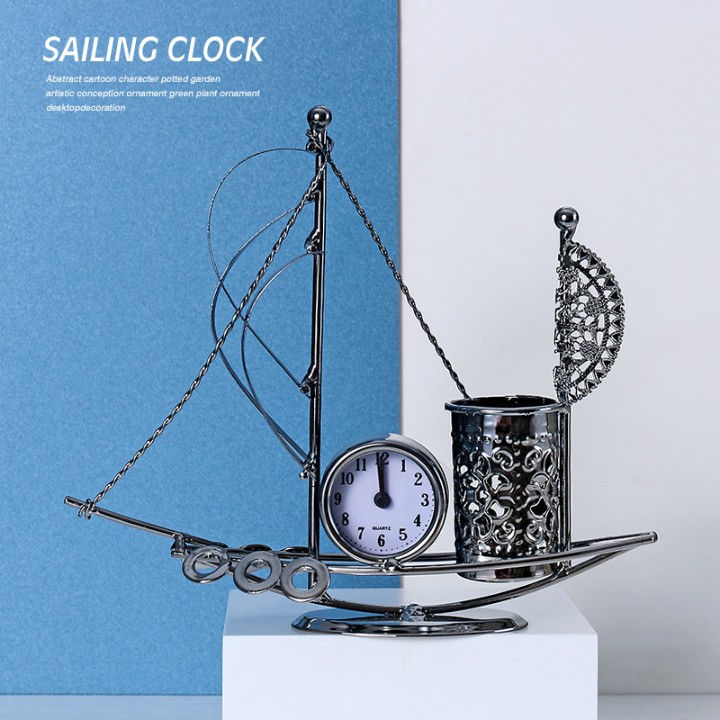 创意金属铁艺帆船装饰品收纳笔筒办公室桌面摆件工艺品小船时钟表