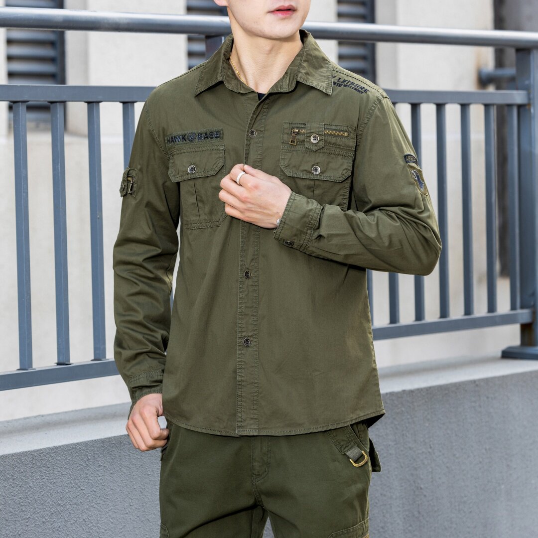 户外休闲运动衬衫男登山纯棉透气耐磨工装薄款外套翻领长袖衬衣男