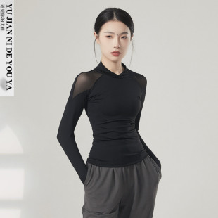 黑色半高领套指长袖网纱形体服现代舞服拉丁舞蹈服装练功服上衣女