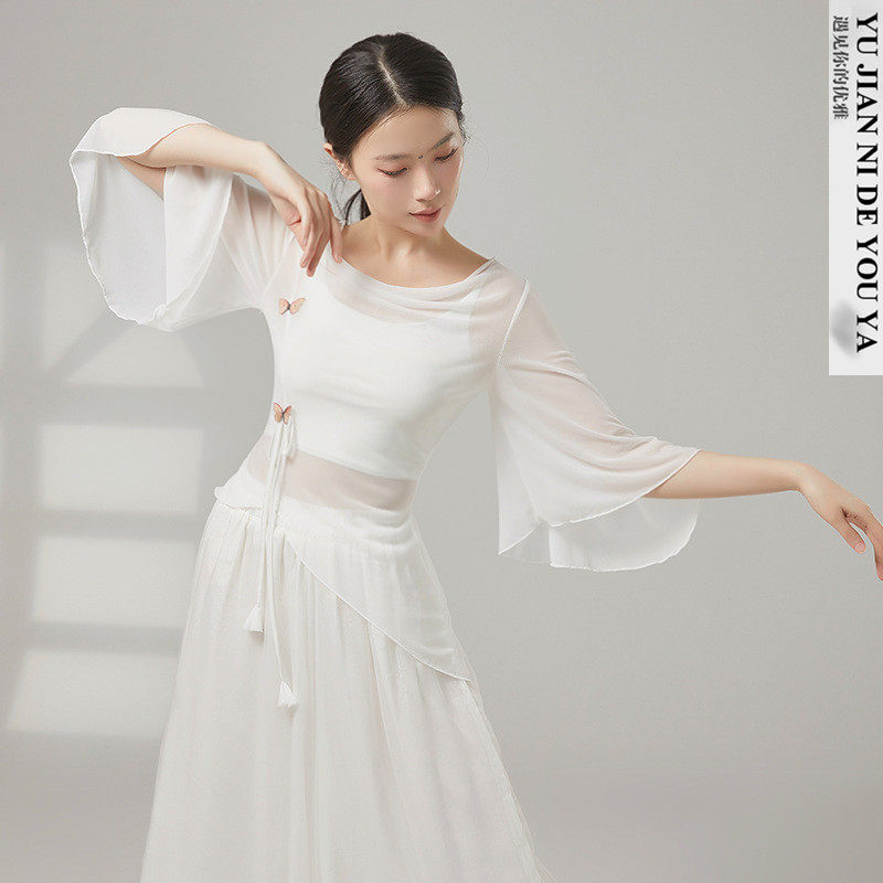 白色喇叭袖蝴蝶中国舞古典舞蹈服练功服演出服装上衣女飘逸网纱衣