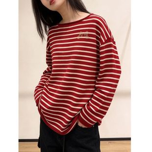 刺绣慵懒风显瘦上衣冬季 女宽松长袖 Y2105 复古红白条纹针织衫 现货