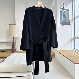 25冬季新款交叠V领系带进口面料羊毛混纺双面毛呢外套大衣女
