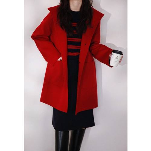 现货新年红连帽羊毛大衣女宽松软