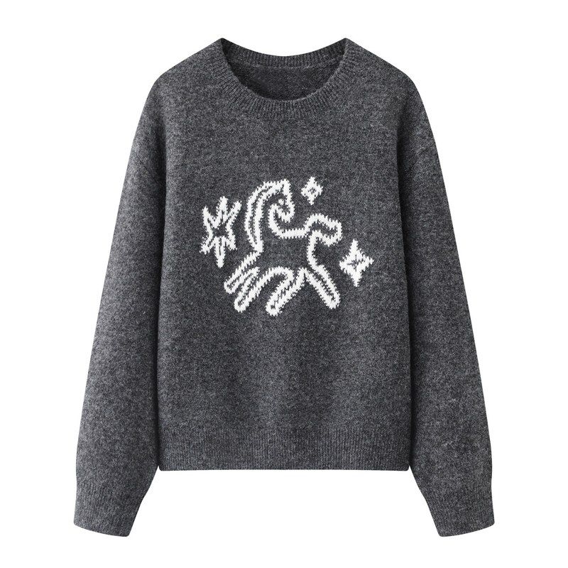 2025冬款女装格雷系撞色小马提花圆领套头针织衫毛衣L0071204006