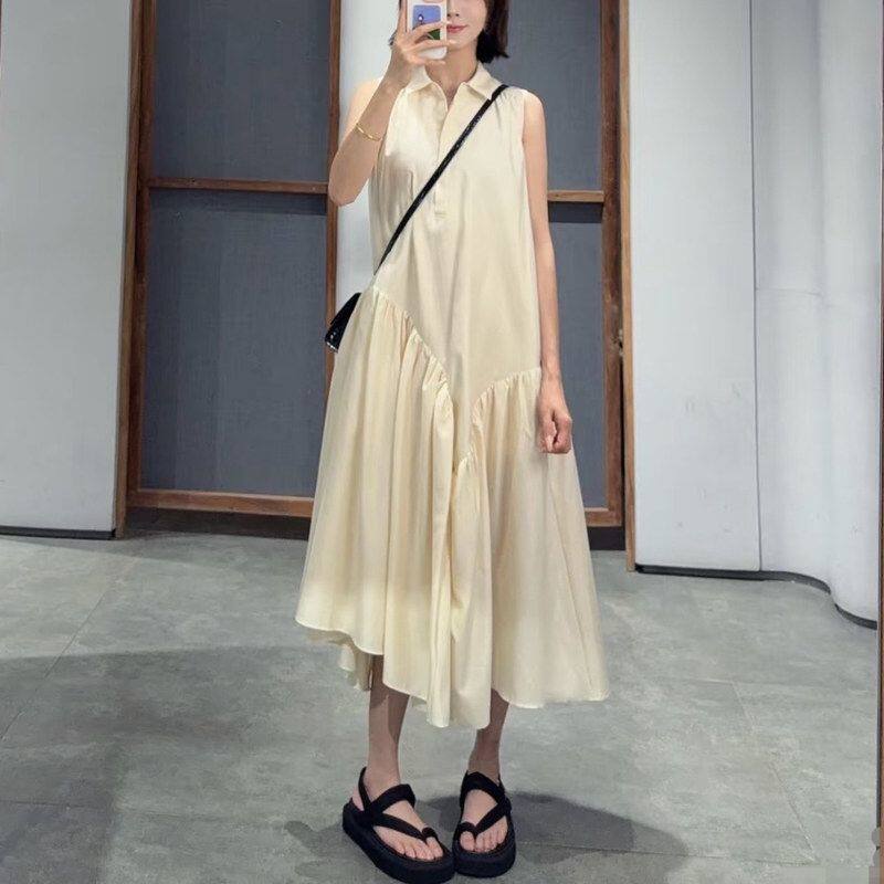 现货 2026无袖衬衫连衣裙女夏季宽松不规则大摆中长款鱼尾裙