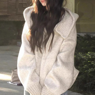 一眼惊艳 羊毛慵懒氛围感针织翻领连帽松弛毛呢外套女秋季