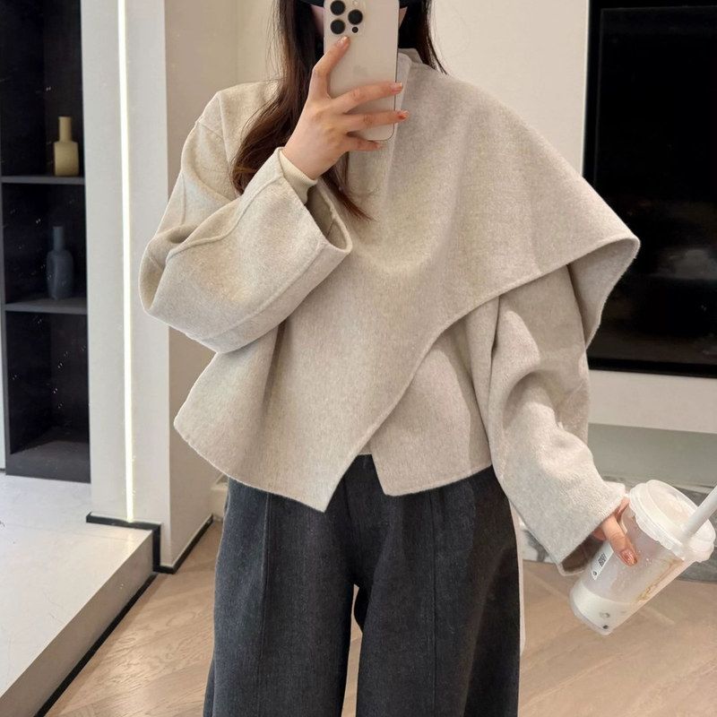 高货！M风老钱风设计感气质温柔通勤围巾领短款毛呢大衣外套女冬