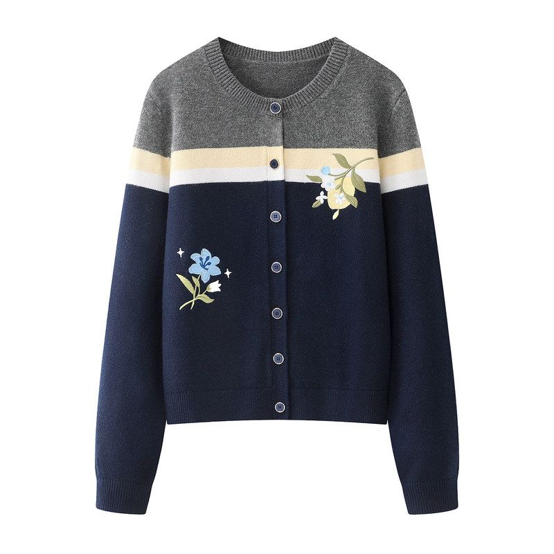 毛衣开衫拼色长袖针织衫2025冬季新款女上衣短外套L0071204009