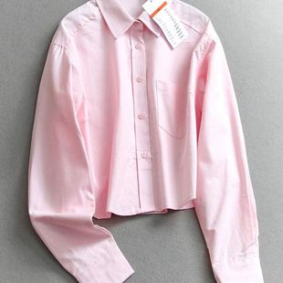 简约粉色宽松显瘦松弛感纯棉翻领叠穿休闲长袖 衬衣M336 女衬衫