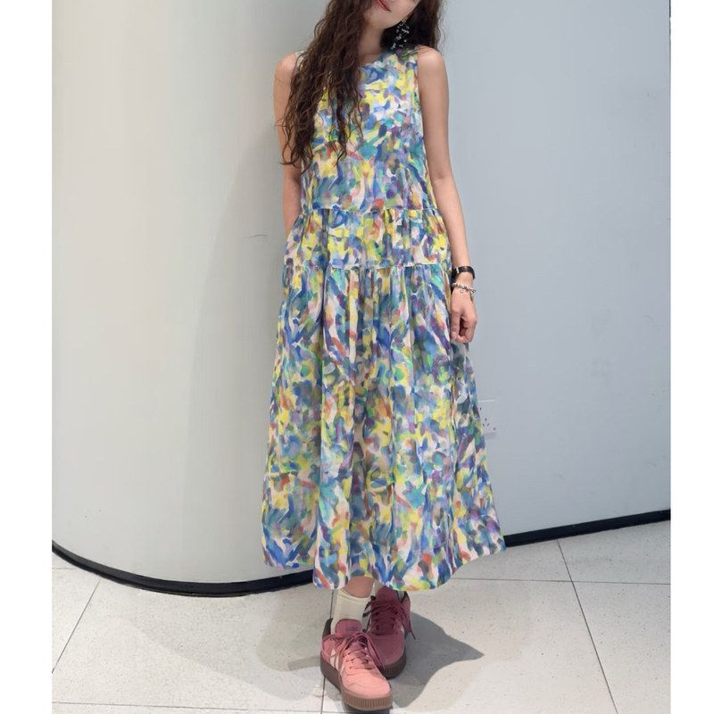 现货 晕染碎花无袖连衣裙宽松拼接蛋糕度假风背心长裙女夏季