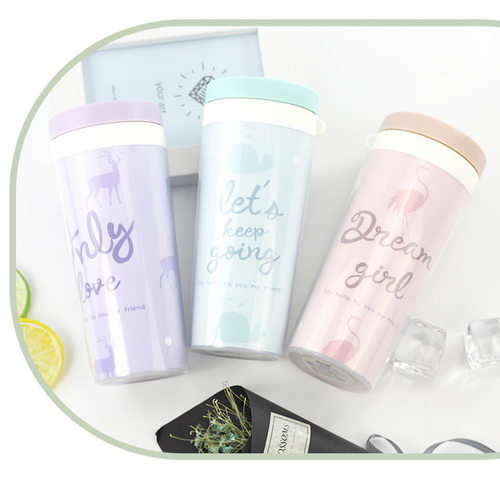 精品挂绳便携式随身塑料水杯 小清新花朵学生ins风格双层保温杯子
