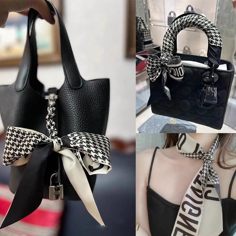 千鸟格真丝细长条丝巾twill戴妃托特手提包绑带包包手柄波点丝带