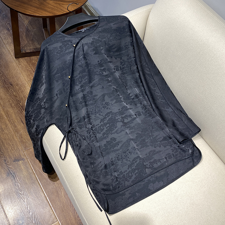 斜襟系带宽松圆领长袖衬衫上衣