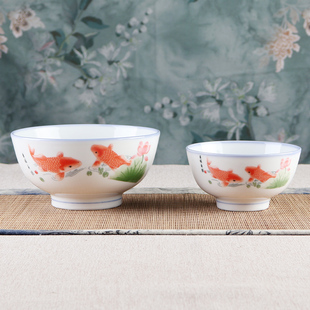 釉下彩红色鲤鱼碗双鱼饭碗高脚防烫印花碗年年有鱼6英寸喜庆碗
