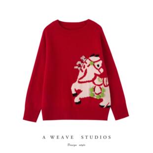 上衣套头毛衣100%针织风提花女冬红色新年纯可爱本命年羊毛衫小马