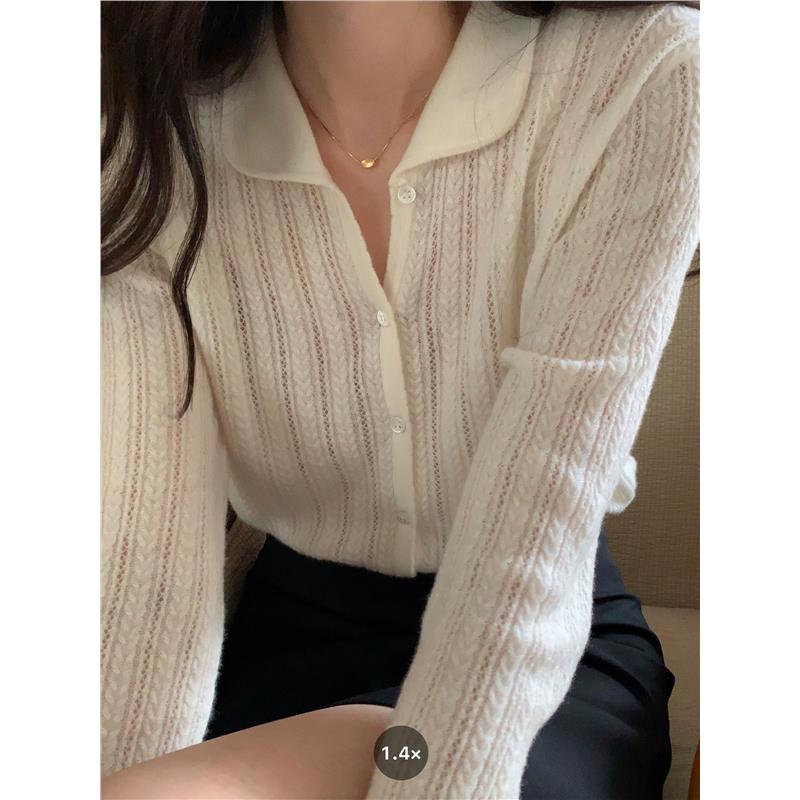 100%纯山羊绒娃娃领羊毛衫女韩版薄款法式镂空针织衫短款内搭上衣
