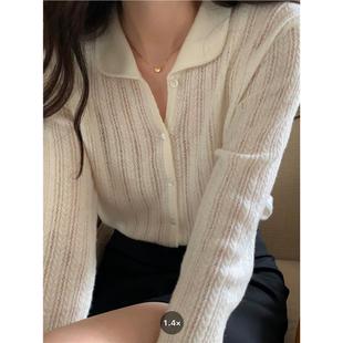 100%纯山羊绒娃娃领羊毛衫女韩版薄款法式镂空针织衫短款内搭上衣