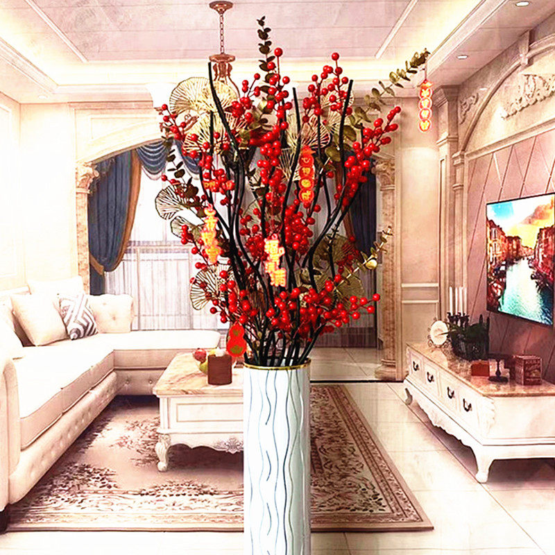 客厅落地摆放发财红果假花装饰仿真花乔迁插花电视柜摆件结婚1米3