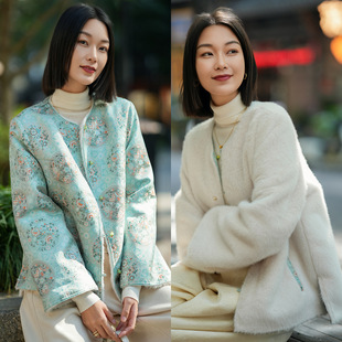 奢美贵气!冬季年轻款高端新中式国风桑蚕丝宋锦加绒保暖外套上衣