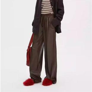 秋冬新款 蛋白皮质感内里磨毛松紧腰抽绳直筒阔腿复古风PU皮裤