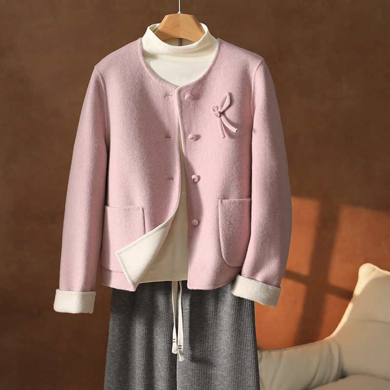 时髦入冬！小个子简约纯色短款单排扣蝴蝶结毛呢双面羊绒大衣外套,女装/女士精品,毛呢外套,淘宝优惠券,粉丝福利购,淘宝优惠卷