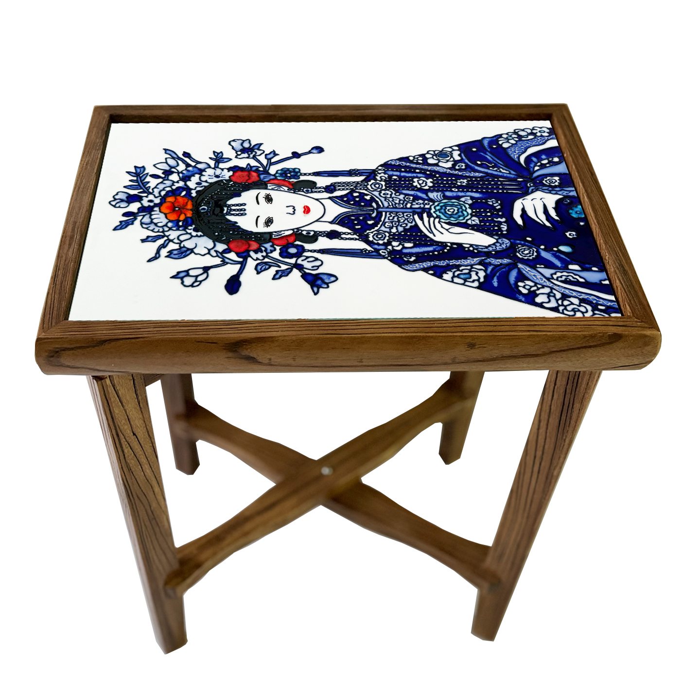 老榆木实木折叠桌立体陶瓷画镶嵌边角几可折叠立休浮雕小茶几方桌