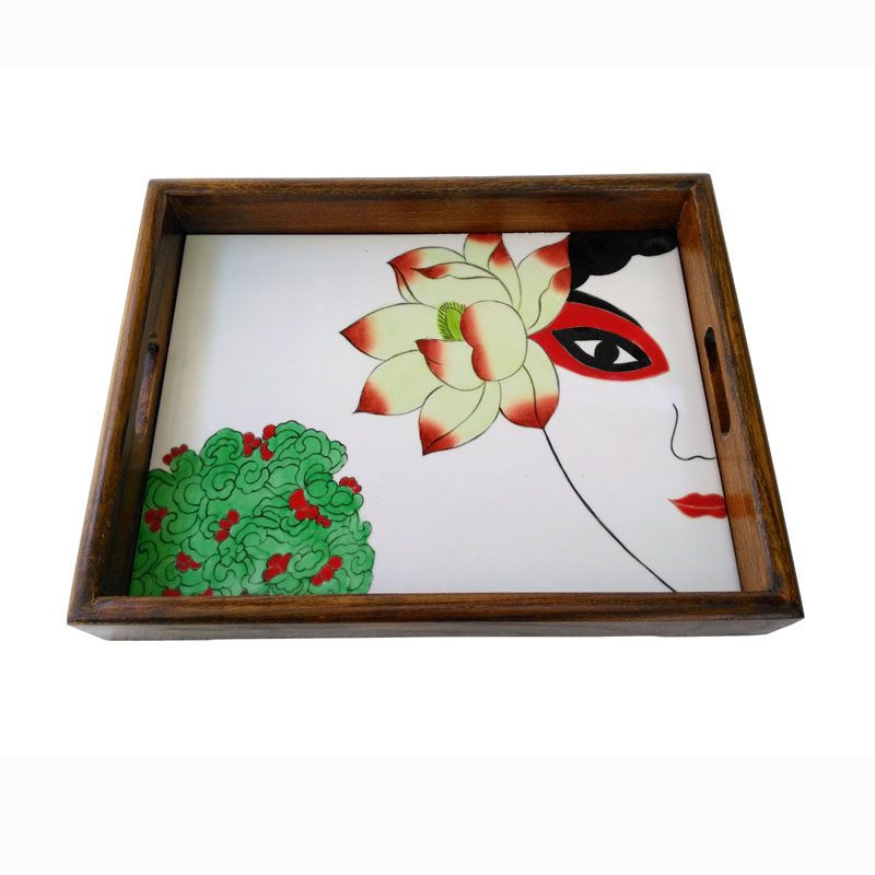 实木托盘手绘法国拉罗谢尔风格紫砂茶壶木制原木长方茶盘小平板盘