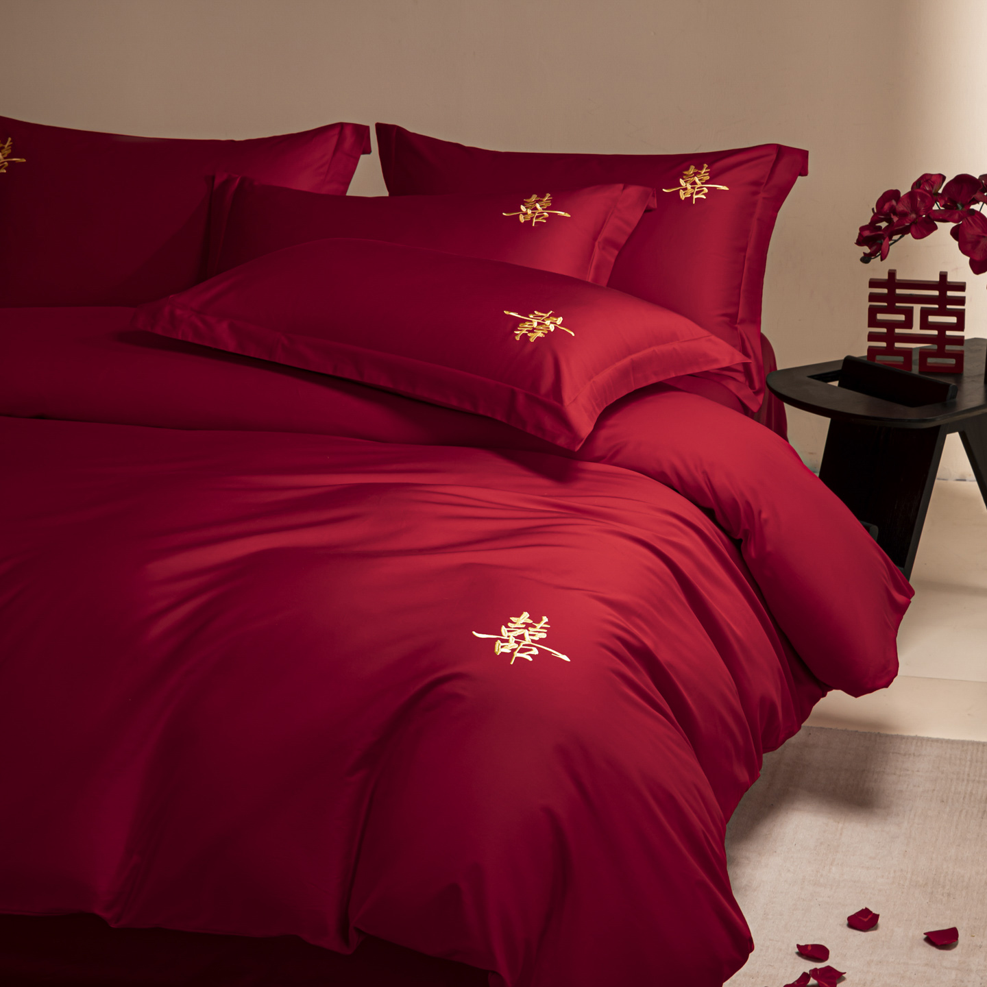 一乐家纺50支全棉绣花婚庆四件套