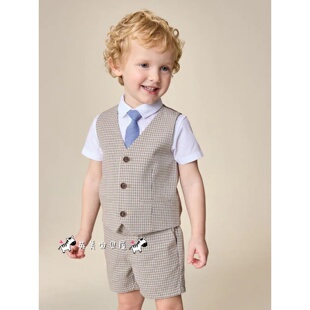 NEXT英国男童装正品26春夏男宝棕色格纹马甲衬衫短裤领带礼服套装