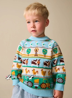 NEXT英国男童装正品26春男宝卡通农场鸡鸭牛拖拉机果树毛衣针织衫