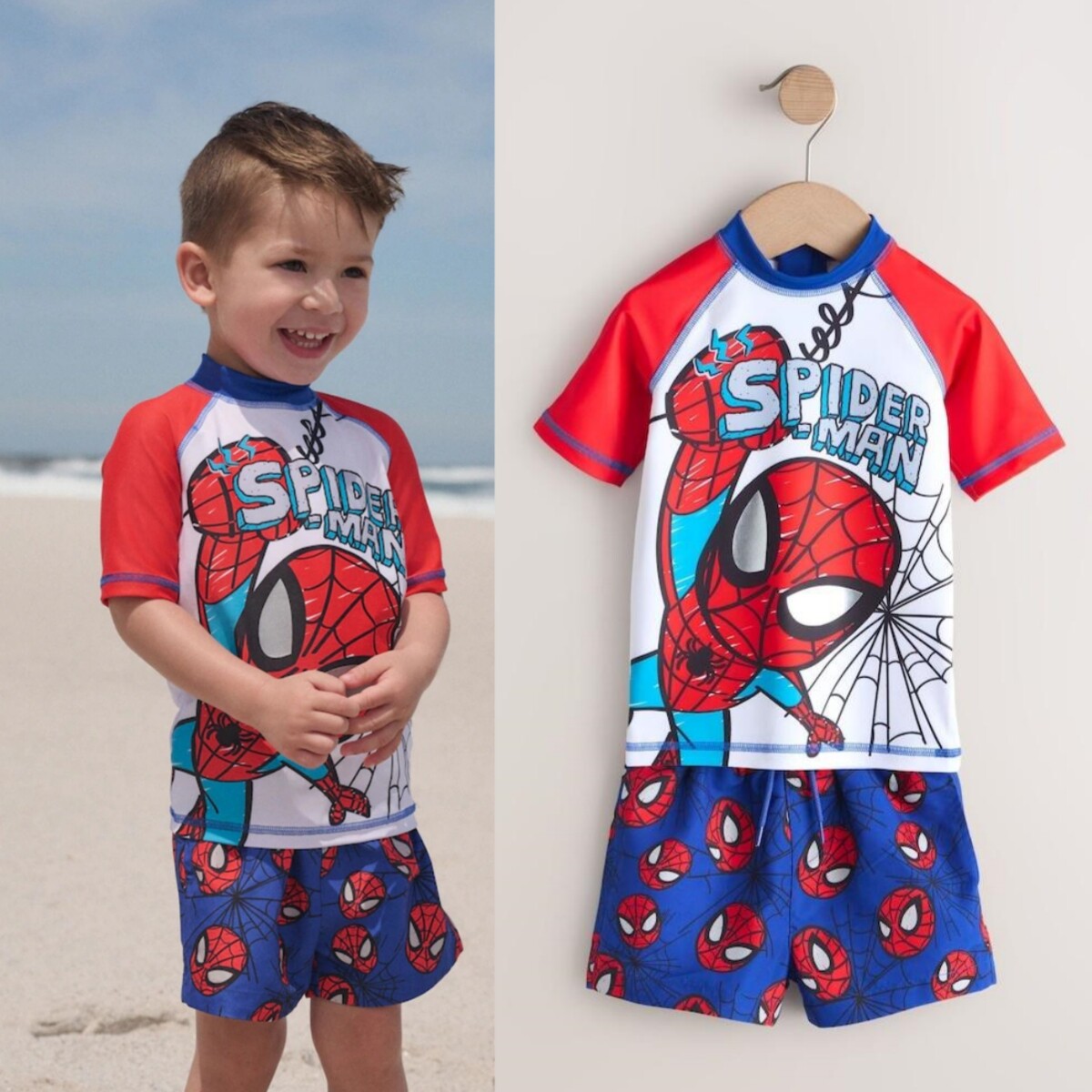 现货NEXT英国男童装正品26夏男宝红蓝拼接卡通蜘蛛侠防晒分体泳衣
