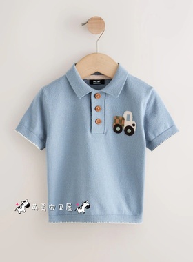NEXT英国男童装正品26夏男宝蓝色卡通卡车纽扣短袖针织POLO衫T恤