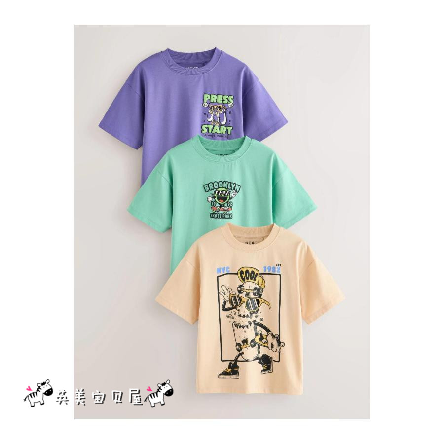 NEXT英国男童装正品25夏男大童蓝绿色卡通滑板字母涂鸦短袖T恤3件
