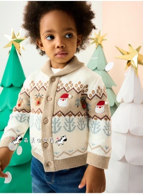 现货NEXT英国男童装正品25秋冬卡通圣诞老人麋鹿拼接毛衣针织开衫