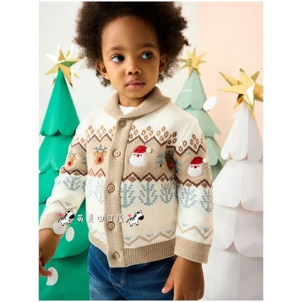 现货NEXT英国男童装正品25秋冬卡通圣诞老人麋鹿拼接毛衣针织开衫