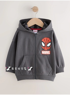 NEXT英国男童装正品25秋男宝灰色卡通蜘蛛侠美国队长连帽拉链卫衣