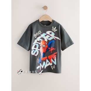 NEXT英国男童装正品26夏男大童深灰色卡通蜘蛛侠字母纯棉短袖T恤