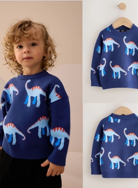 现货NEXT英国男童装正品25冬男宝蓝色卡通恐龙百搭休闲针织衫毛衣