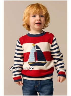 现货NEXT英国男童装正品25冬红蓝白色条纹拼接卡通帆船针织衫毛衣