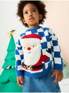 现货NEXT英国男童装25冬男宝蓝色棋盘格子卡通圣诞老人针织衫毛衣